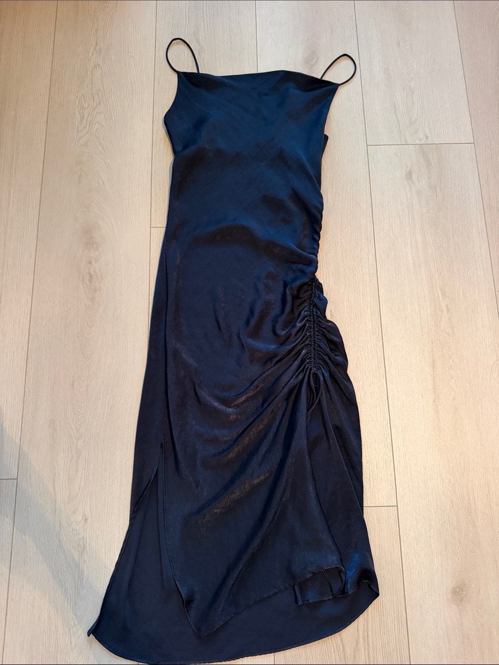 Satin Spaghetti Strap Ruched Side Dress — Midnight Blue